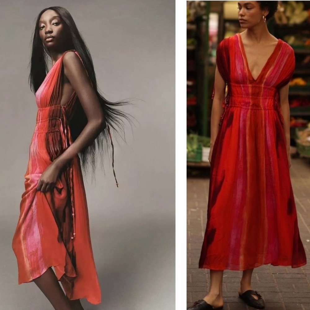Zara red pink tie-dye BoHo V-neck midi dress Sz M tropical beach vacation NWOT - Picture 5 of 16
